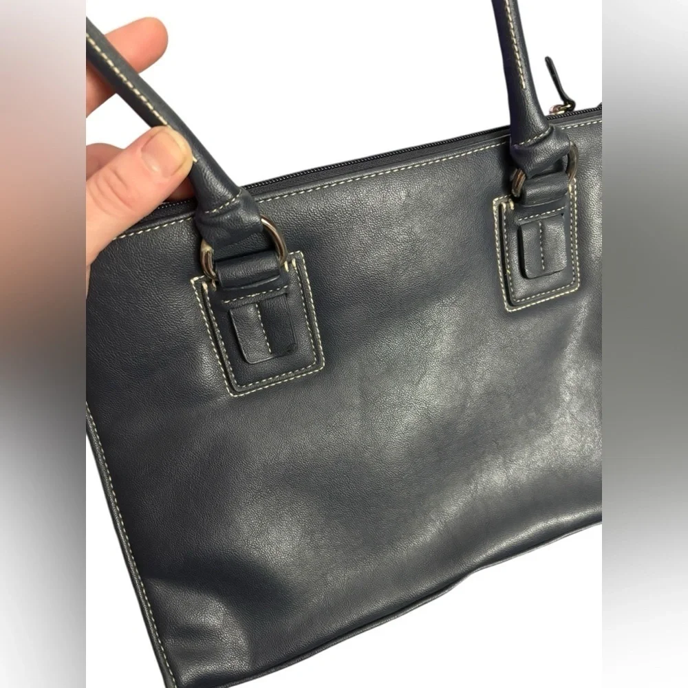 Vintage Chic Navy Faux Leather Satchel with Lots of Storage and Silver Accents